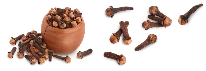 Dry spice cloves isolated on white background. Top view with copy space for your text. Flat lay