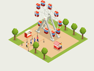 Amusement park vector concept. Happy people waiting in line for a Ferris wheel ride in the amusement park
