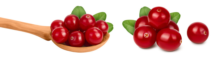 Cranberry in wooden spoon isolated on white background with full depth of field