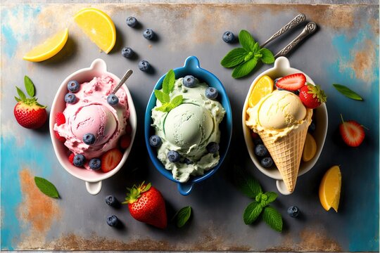 three bowls of ice cream with fruit on the side and a spoon with a spoon rest on the side.