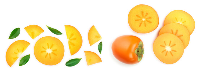 persimmon slice with leaves isolated on white background with copy space for your text. Top view. Flat lay pattern