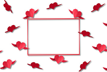 red frame as copy space, around the frame red hearts with wings, creative love design, holiday concept
