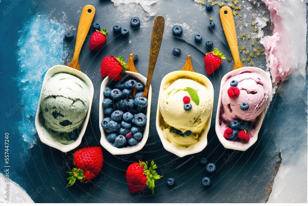 Sticker a group of ice creams with berries and blueberries in them on a plate dessert ice cream dessert frui