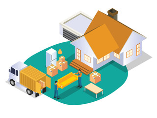 Obraz premium Moving house. Deliver men loading and unloading furniture in the truck