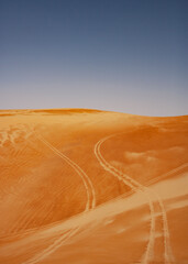 Fototapeta na wymiar Reifenspuren eines Geländewagen in der Rimal al Wahiba Wüste,Oman,