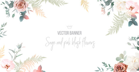 Silver sage and blush pink flowers vector design frame