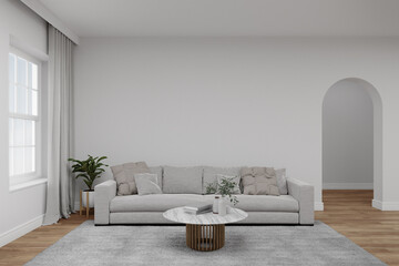 Fototapeta na wymiar Empty white wall with window and sofa on carpet. 3d rendering of interior living room.