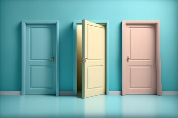 Three Doors And One Is Open In Different COlors On Pastel Blue Background Generative AI