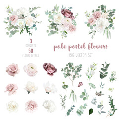 Silver sage green and blush pink flowers vector design big set