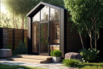 illustration of outdoor sauna cabin with nature green garden