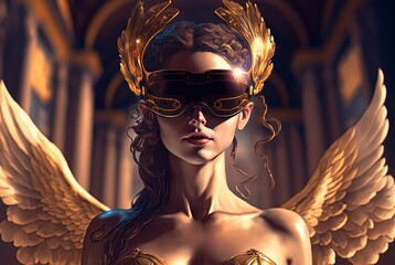  illustration of beautiful goddess with glowing light in gold golden tone color, ancient altar - obrazy, fototapety, plakaty