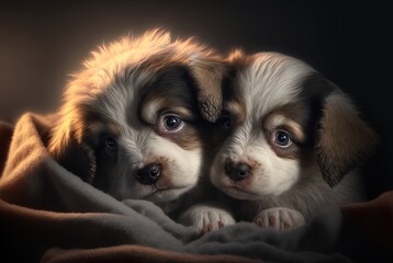  illustration of cute twin puppies lay on warm bed with fluffy comfy blanket, demanding for pet and cuddle