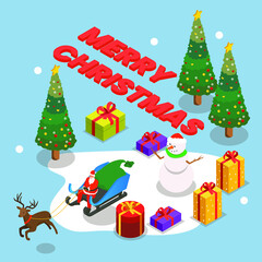 christmas tree and gifts with santa claus, isometric illustration design