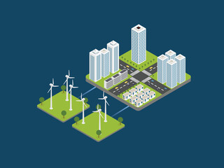 Wind turbines powered electricity isometric 3d vector concept
