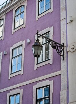 Vertical: Street Lamp, Purple Building, Lisbon, Portugal