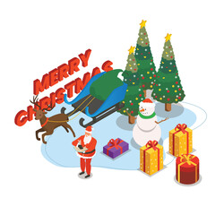 santa claus with gifts, christmas tree, and sleigh