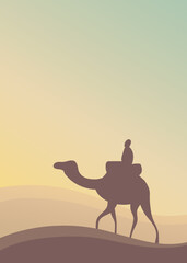 Silhouette of a camel and a bedouin in a hot desert. Animal of Africa on the way. Landscape with sand dunes and sunrise. Vector cartoon background illustration