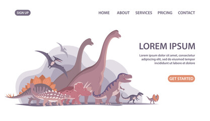 Group of dinosaurs. T rex, brachiosaurus, pteranodon and triceratops. Jurassic animals. Children toys, attraction and entertainment park. Design for poster, banner, website. Cartoon illustration © Mikhail