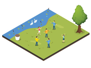 Happy kids playing at park isometric 3d vector concept