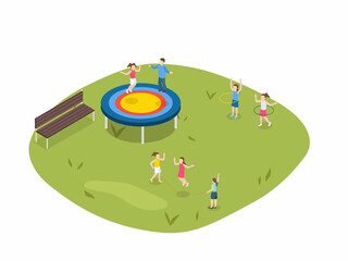 Kids having fun at park isometric 3d vector concept