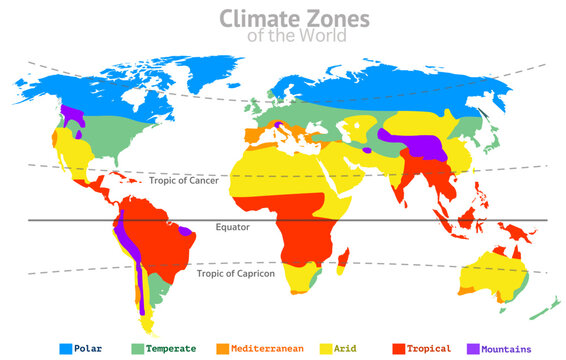 Climate zones world classifications. Tropical, temperate, mediterranean, arid, mountains, polar. Equator, dry mild continental globe. Europe, Africa, Asia, USA. Colored earth map. 
Illustration vector