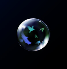 Magic fantasy blue birds flying on colorful bubble isolated on black background. Hearth bubble, nature and freedom