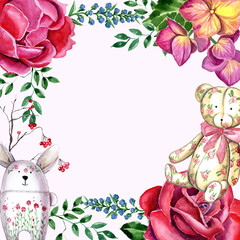 
Watercolor greeting frame with teddy bear, bunny and flowers.