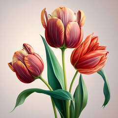Pink tulips bouquet with green leaves. Fresh flowers on grey background.