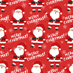 Hand drawn seamless pattern of cute smiling Santa Claus, snowflakes. Lettering Merry Christmas. New Year and Christmas character illustration for greeting card, invitation, wallpaper, wrapping paper