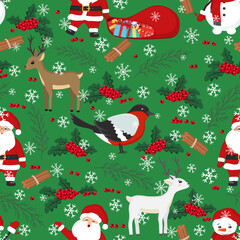 Hand drawn seamless pattern of Santa Claus, deer, snowman, gift, bird, berries, tree branches, snowflakes. New Year and Christmas illustration for greeting card, invitation, wallpaper, wrapping paper