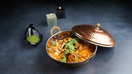 Spicy beef biryani with mint raita chutney and candle lights served in golden dish isolated on table top view of arabic food