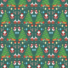 Hand drawn seamless pattern of Christmas tree, Santa Claus, decorative Christmas ball, snowman, gift, snowflake. Happy New Year and Christmas illustration for greeting card, wallpaper, wrapping paper