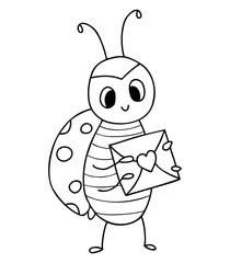 Funny ladybug. small insect with love letter. Vector illustration. Outline drawing. doodle ladybird character.
