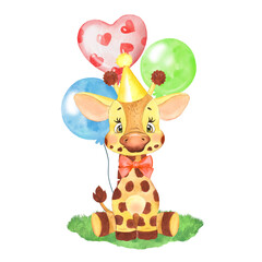 Giraffe with balloons, watercolor illustration for baby birthday card, African baby animal, baby giraffe