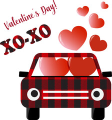 Valentine´´s Day car with red shaped hearts. Valentine´s Buffalo cartoon car. Vector illustration.