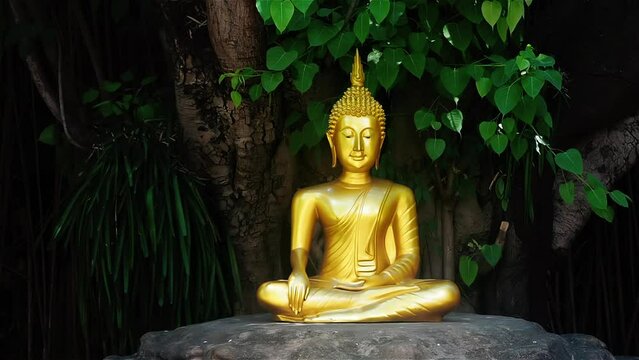A closeup of a sitting on a stone golden Buddha statue in a garden with a green leaves background. 