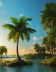 Fototapeta na wymiar Palm Tree Filled Island - Generative AI