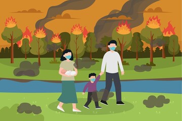 Air pollution vector concept: Young parents and children walking from forest fire while wearing face mask