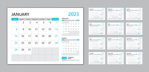 Monthly calendar template for 2023 year blue concept, desk calendar 2023 template, Week Starts on sunday, wall calendar 2023 year, planner minimal design, Set of 12 Months, organizer stationery