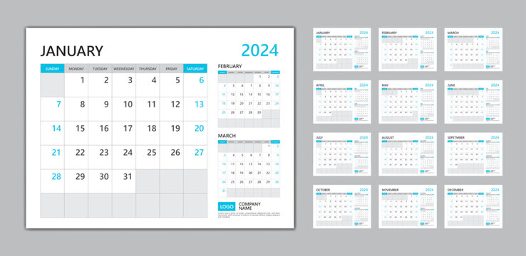 Monthly calendar template for 2024 year blue concept, desk calendar 2024 template, Week Starts on sunday, wall calendar 2024 year, planner minimal design, Set of 12 Months, organizer stationery