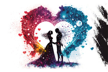 Obraz premium silhouette of a couple inside the heart, valentines day background, beautiful background for wedding, wedding anniversary, wedding photography, wedding background 