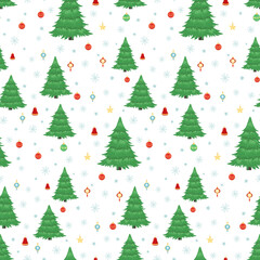 Hand drawn seamless pattern of Christmas tree, decorative colorful Christmas ball, star, snowflake. Happy New Year and Christmas illustration for greeting card, invitation, wallpaper, wrapping paper