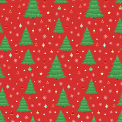 Hand drawn seamless pattern of Christmas tree, decorative colorful Christmas ball, star, snowflake. Happy New Year and Christmas illustration for greeting card, invitation, wallpaper, wrapping paper