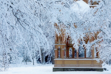 Snow covered tree branches reaching over a gazebo in apark