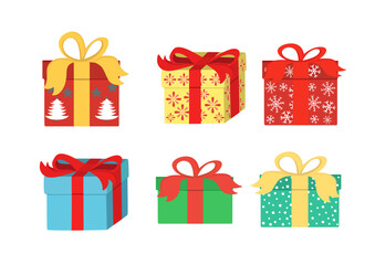 Hand drawn set of decorative Christmas gift box with Christmas tree and snowflake. Christmas present with ribbon. Vector doodle sketch Illustration. Happy New Year collection for winter holidays