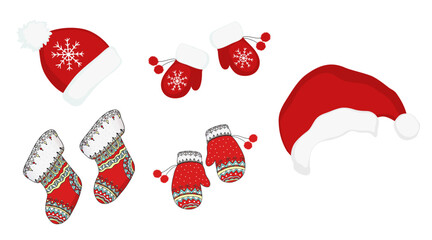 Hand drawn set of colorful decorative Christmas socks, mittens with pom poms and snowflake. Christmas Santa Claus hat. Vector doodle sketch Illustration. Happy New Year collection for winter holidays