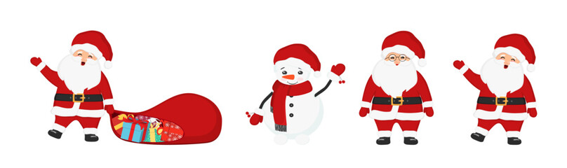 Hand drawn set of cute Christmas Santa Claus with bag and gifts, snowman. Happy and funny Santa Claus. Vector cartoon sketch Illustration. Happy New Year character collection for winter holidays