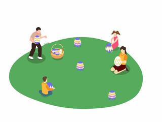 Family coloring eggs for easter together, isometric 3d vector concept