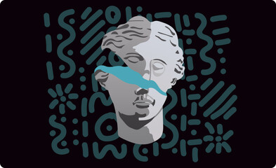 Illustration of the destroyed head of Aphrodite. Two pieces of an ancient bust on a dark background with abstract stripes. A ready-to-use eps image for your design. For posters stickers postcards art