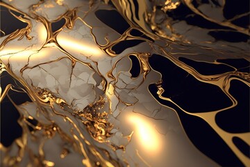 Abstract background black and white marble and liquid gold. Texture of stone and liquid metal backdrop. AI generated.